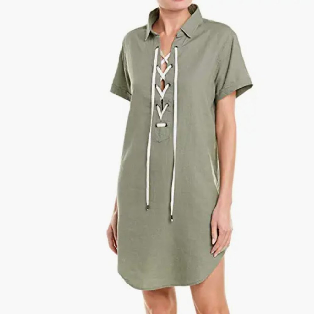 Rails Women's Rocky Lace-Up Pink Stripe Short Sleeve Olive Linen Tunic Dress